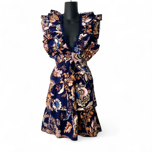 Anthropologie Navy Floral Ruffle A-Line Mini Dress Size L NWT $178 - Picture 8 of 9